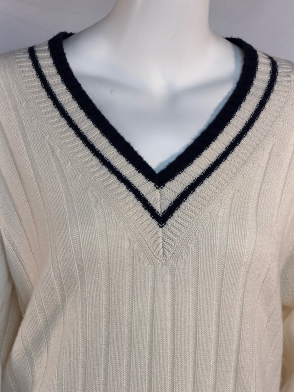 White + Warren Cream V-Neck Sweater with Navy Double-Stripe Trim - Picture 3 of 8